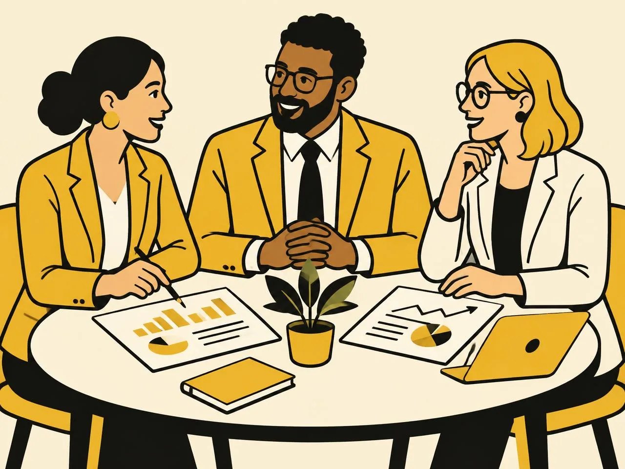 Illustration of three advisers talking around a table