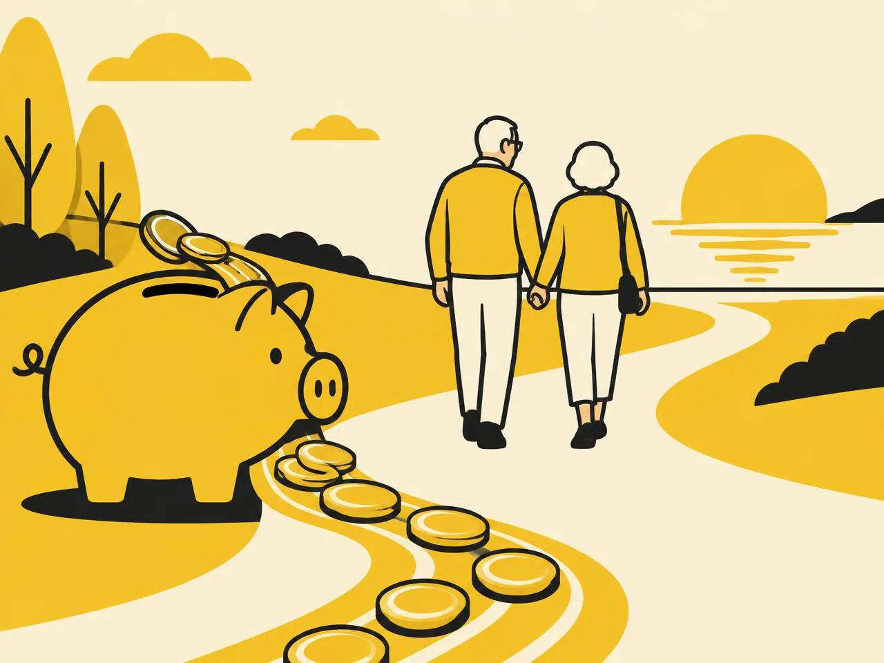 Illustration of an older couple looking toward a steady income stream