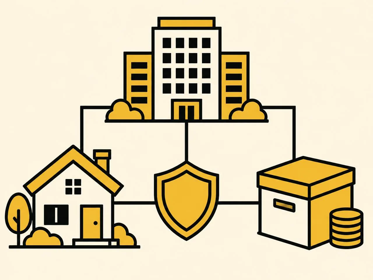 Illustration of a company, a home, a holding structure and a shield
