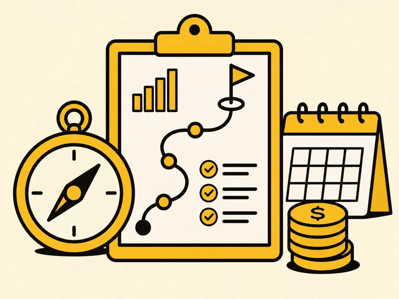 Illustration of a written plan with a compass, calendar and coins