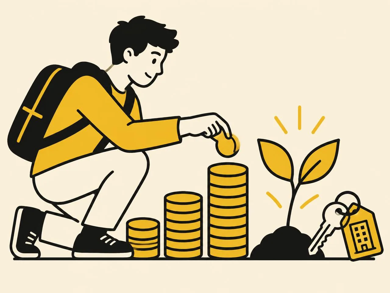 Illustration of early savings, a seedling and a first apartment key