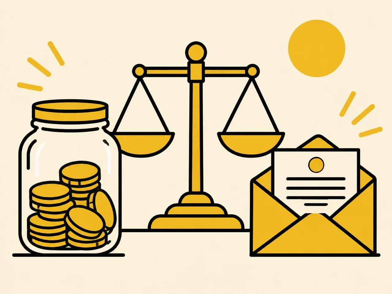 Illustration of a jar of coins, balance scale and envelope