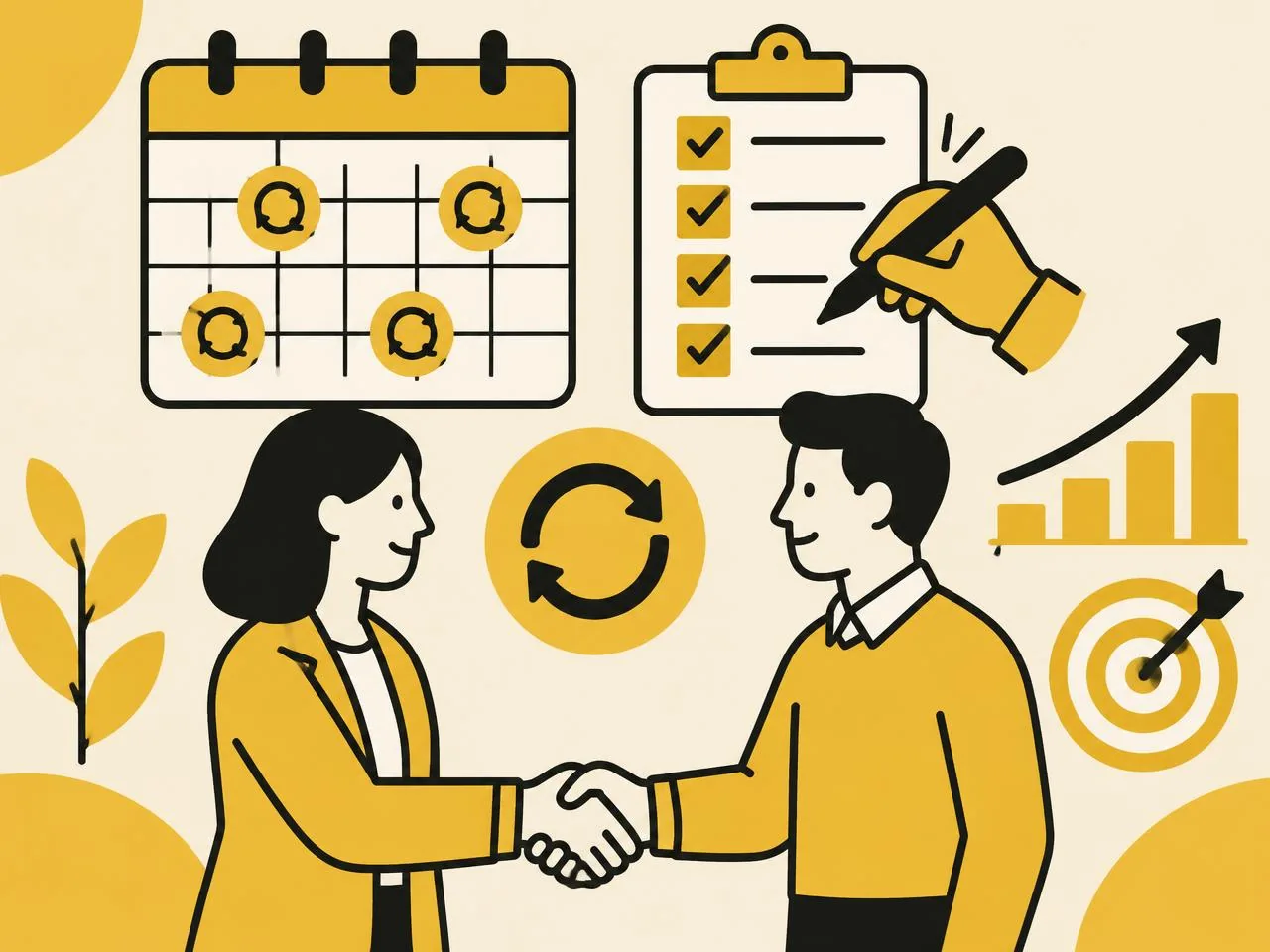 Illustration of a review calendar, checklist and handshake