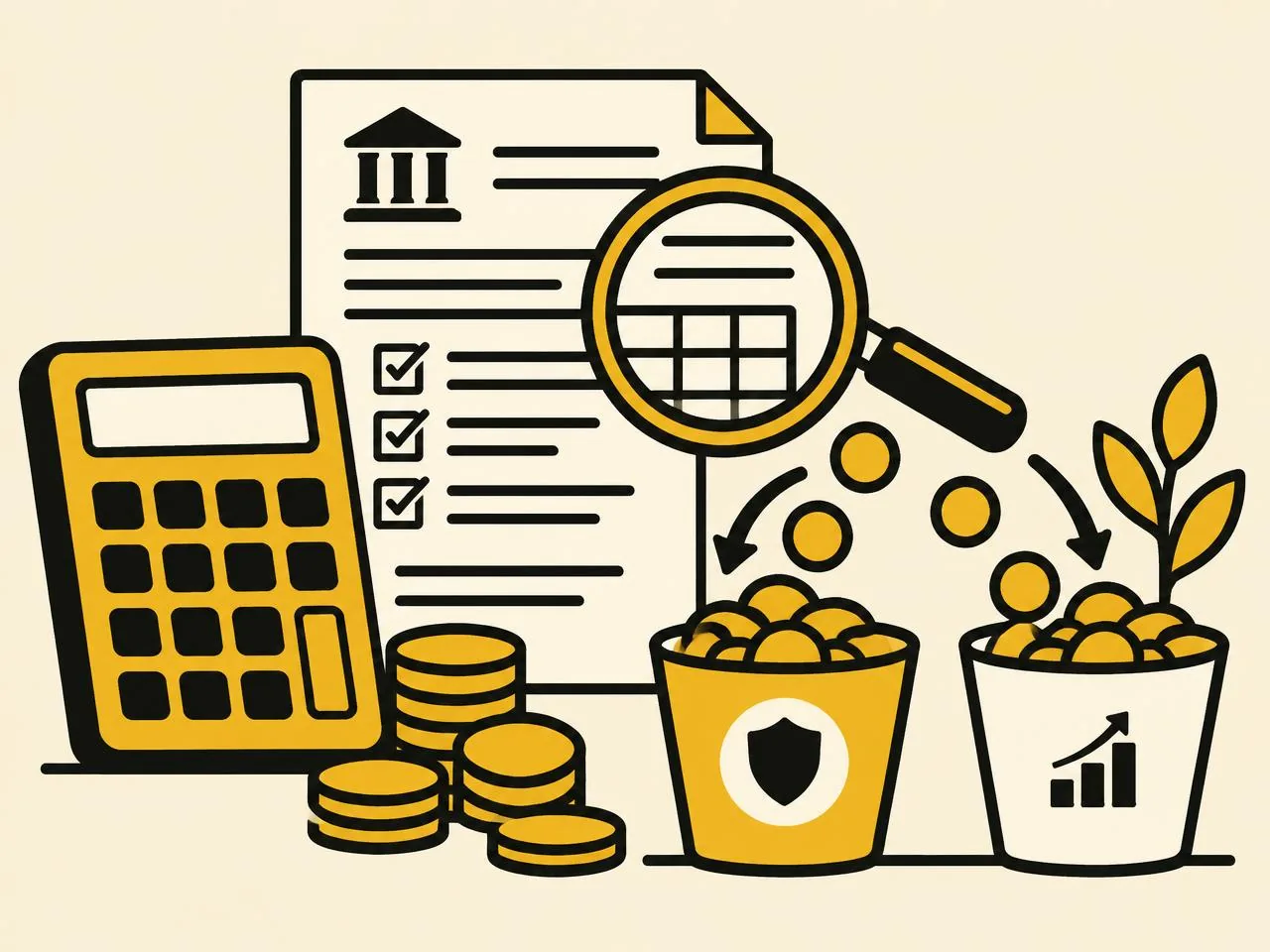 Illustration of a calculator, tax form and coin buckets